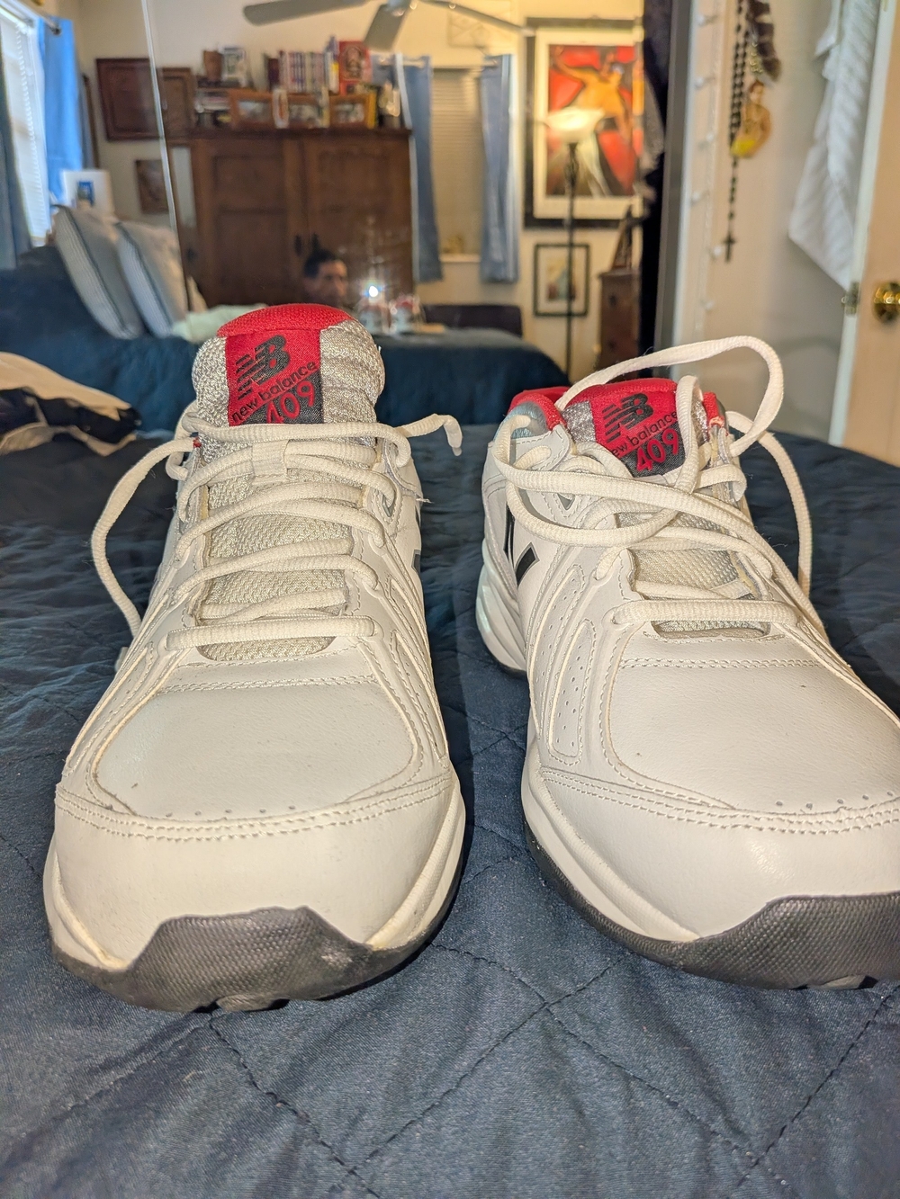 New Balance Men’s 409 White Athletic Shoes with Red Accents